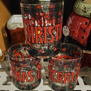 Vintage Stained Glass Merry Christmas Glasses Set Of 3